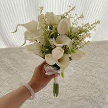White Tulip And Calla Lily Artificial Flower Bouquet, Photography Prop, Bridesmaid Bouquet For Wedding, Bridal Bouquet, Wedding, Ceremony, Anniversary, Spring Home Decor, Centerpiece, Party Table Decor, Holiday Decoration, Easter Gift, Birthday, Graduation
