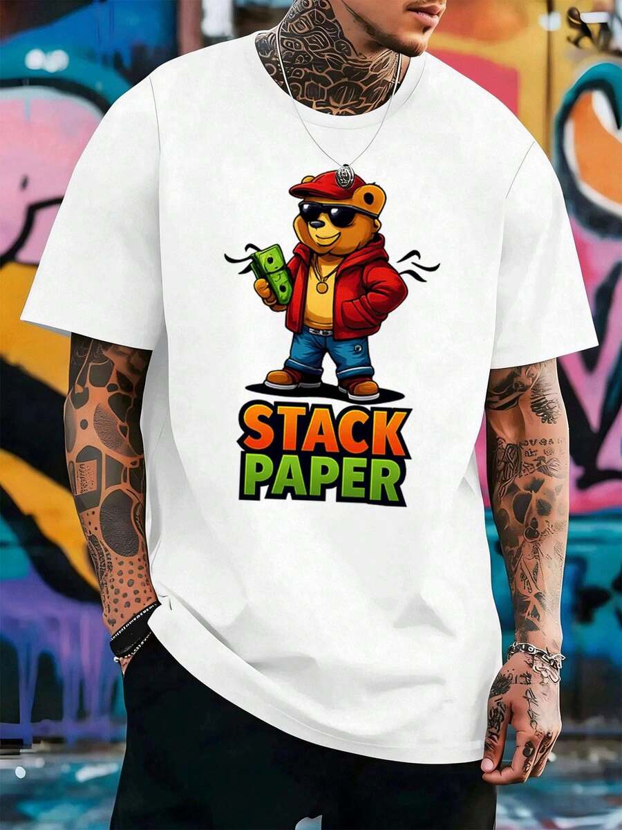 Maglietta con grafica di un orso dei cartoni animati, realizzata in morbido cotone, vestibilità ampia, casual, comoda, stampa accattivante - Bianco - Visualizzare 1
