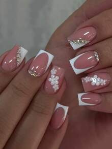 24pcs Y2k Style Nails Medium Square Press On Nails White French Glossy Full Cover Fake Nail Graceful False Nails With Flower And Drill For Women And Girls - Includes Nail File & Jelly Adhesive - Multicolor - View 1