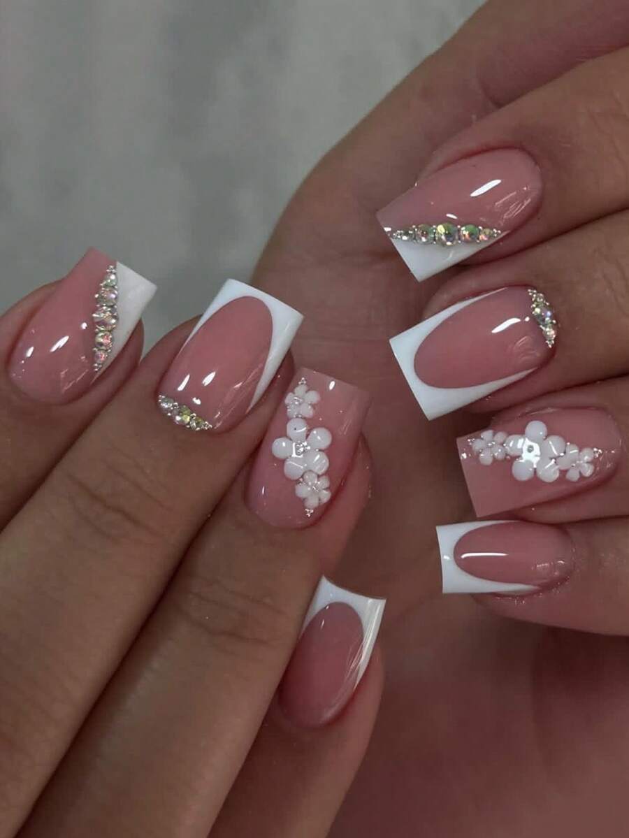 24pcs Y2k Style Nails Medium Square Press On Nails White French Glossy Full Cover Fake Nail Graceful False Nails With Flower And Drill For Women And Girls - Includes Nail File & Jelly Adhesive - Multicolor - View 1