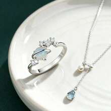 Water Drop Pendant Necklace, Sea Blue Synthetic , Elegant And Sexy, Celestial Symbol, April Birthstone, Suitable For All Year Round, Suitable For Daily Wear And Gifting, Valentine's Day Gift - 戒指+項鍊 - 查看 3