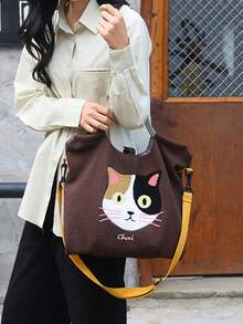 New Fashionable Minimalist Embroidered Cute Cat Versatile Large Capacity Women Tote Shoulder Bag - Multicolor - View 4