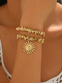 2pcs/Set Gold Minimalist Versatile Irregular CCB Beaded Sun Pendant Bracelet, Fashionable & Elegant Women Jewelry Suitable For Daily Wear And Street Photography, Handmade Chain Length Varies - Gold - View 1