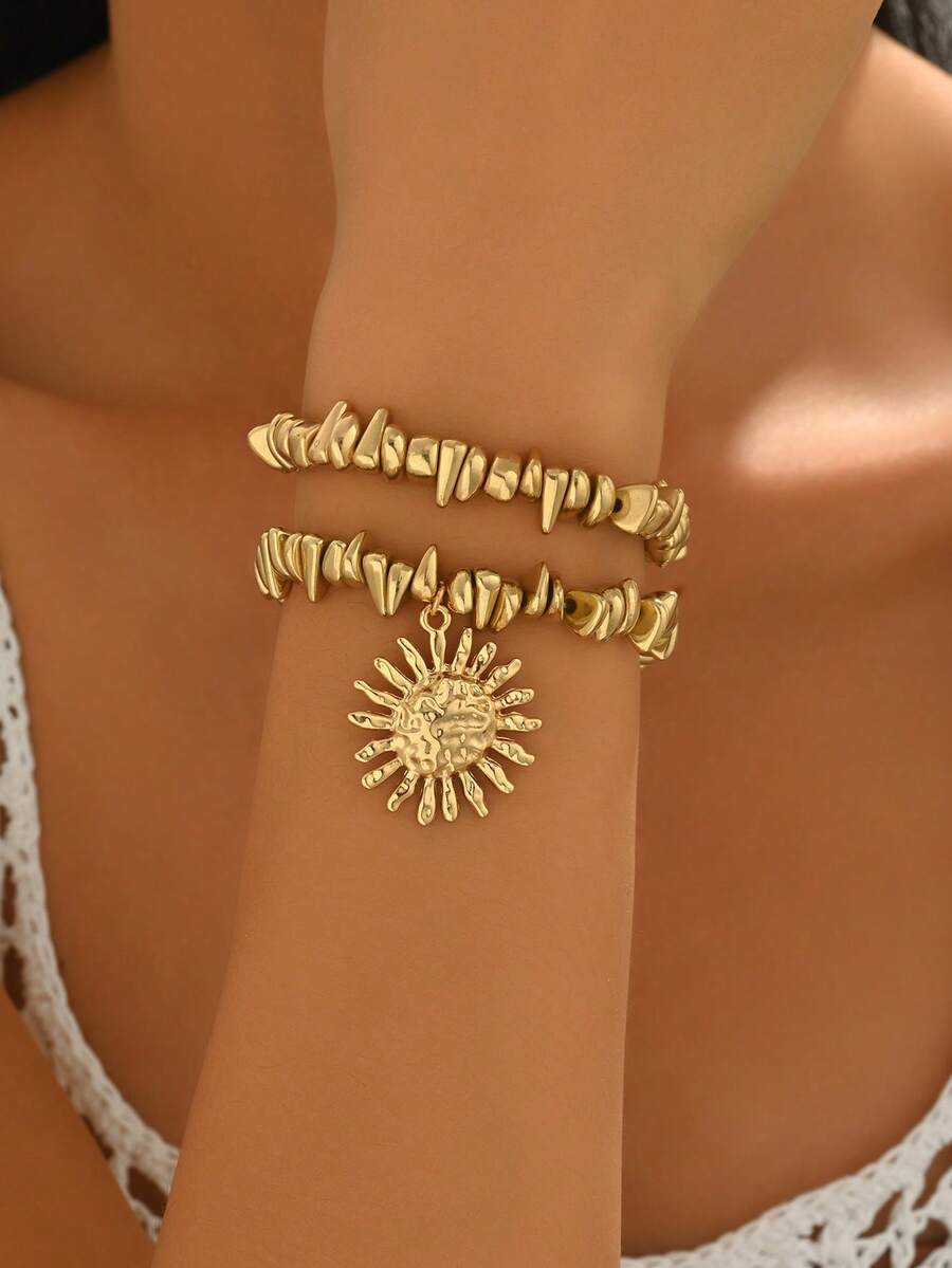 2pcs/Set Gold Minimalist Versatile Irregular CCB Beaded Sun Pendant Bracelet, Fashionable & Elegant Women Jewelry Suitable For Daily Wear And Street Photography, Handmade Chain Length Varies - Gold - View 1