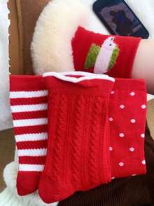 1/4 Pair Versatile Red Striped & Polka Dot Mid-Calf Socks, Autumn/Winter - Multicolor - View 14