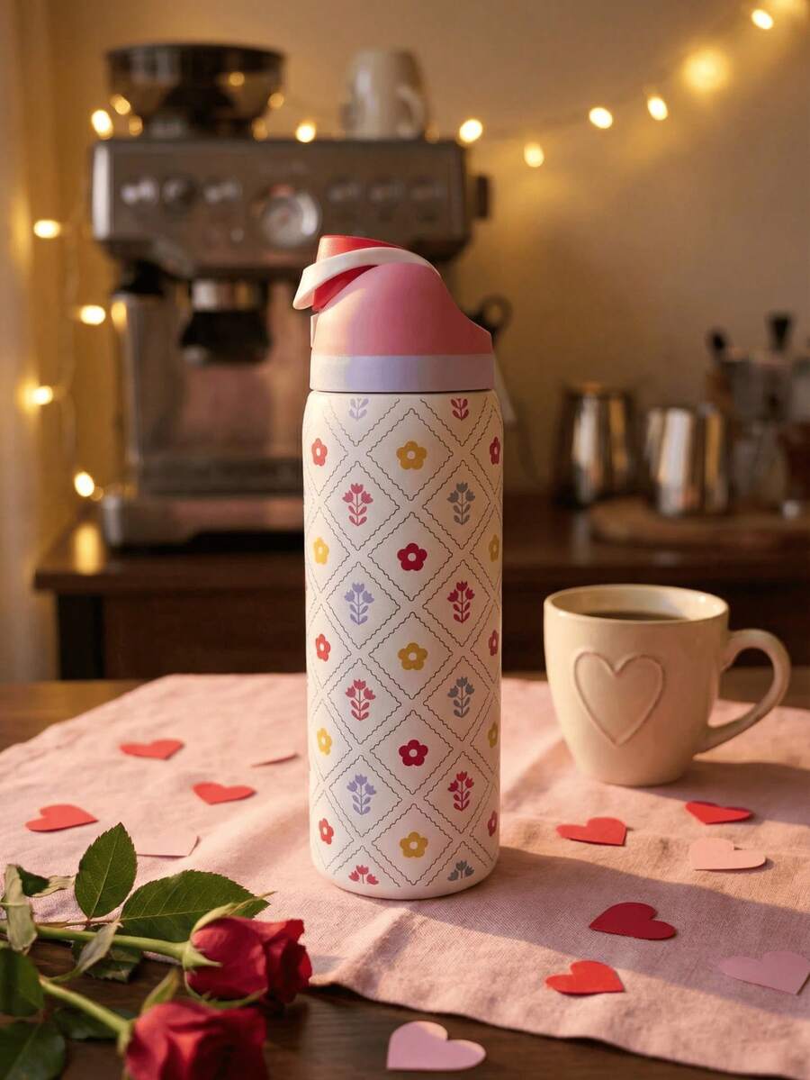 0waala Blossoms Vacuum Bottle,Multiple Tiny Floral Prints - 32oz Stainless Steel, One-Hand Flip Cap,Ins Minimalist Style - Warm/Cold Retention, Perfect For Camping/School/Sports/ & Christmas/Valentine's Day Festival Gifting - 紅白色 - 查看 1
