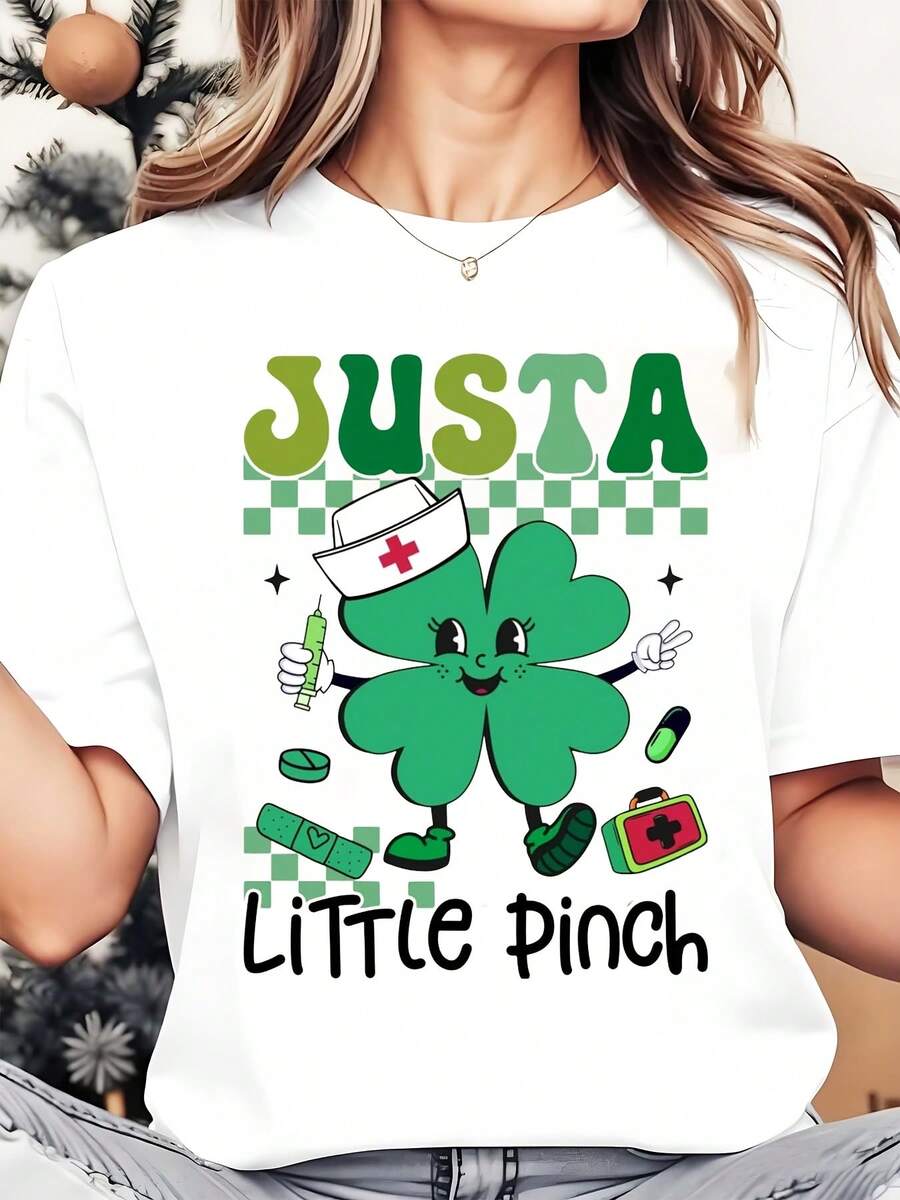 Just A Little Pinch Nurse Clover St Patrick's Day Women's T-Shirt Funny Medical Theme Graphic Tee For Nurses And Caregivers Celebrate With Irish Charm And Humor - 白色 - 查看 1