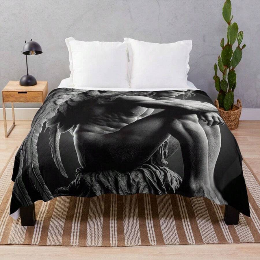 Weeping Male Angel Gothic Art Flannel Throw Blanket - Dark Emotional Soft Cozy Fleece Blanket, Lightweight Couch & Bed Blanket For Teens, Goth Emo Room Decor Gift, All Season Warm Blanket - Màu sắc hình ảnh chính - Xem 1