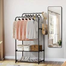 LIVINGANDHOME Living And Home  Sturdy Metal Clothes Rack Double Rod Design With Side Bars Hooks For Garments Towels Bags Storage Holiday - 黑色 - 查看 2