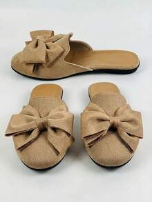 Women's Bow Tie Flat Slippers, Minimalist Fashion Comfortable Slides, Open Toe Design, Versatile Summer Sandals, Elegant Casual Flip Flops, Suitable For Daily Wear And Vacation - Khaki - View 7