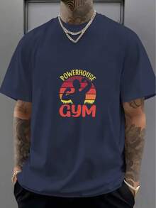 Essential White Cotton T-Shirt With Gym Pattern - Navy Blue - View 1