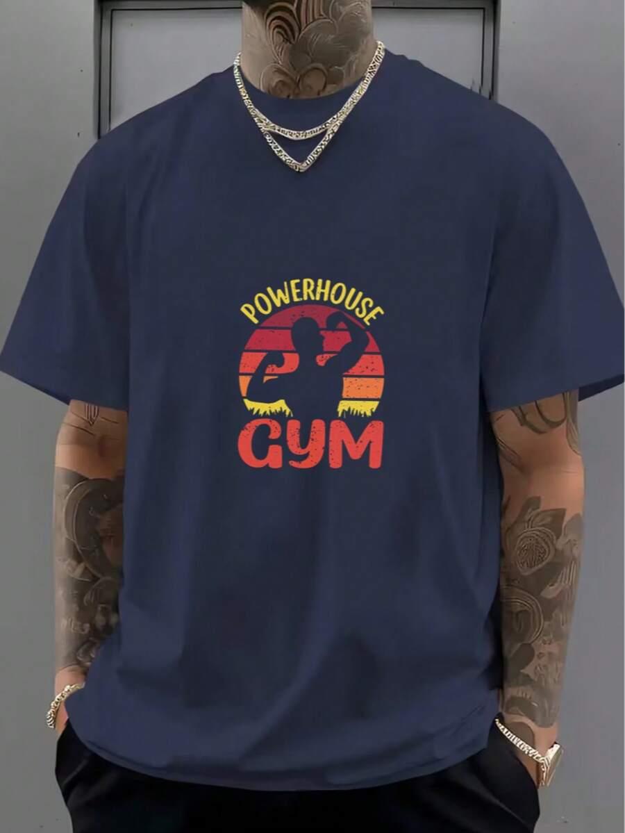 Essential White Cotton T-Shirt With Gym Pattern - Navy Blue - View 1