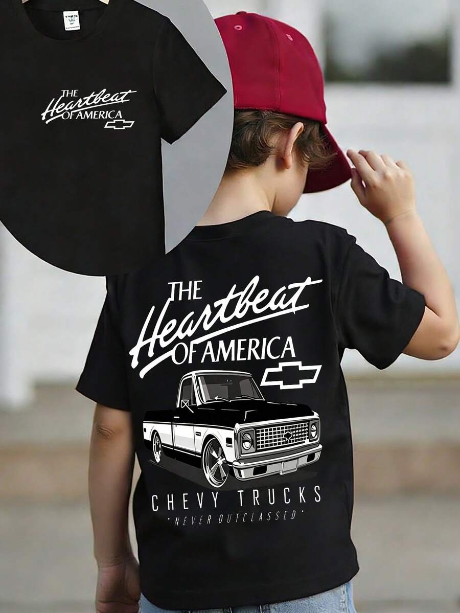 Boys' Clothing Autumn Summer Casual Short-Sleeves Retro Automobiles Printed Design Crew Neck T-Shirt, Boys' Sweatshirt, 180 Grams Of Polyester Soft Fabric, Local Warehouse, Suitable For Children's Vacations, Parties, Outdoor And Tourism Wear - 黑色 - 查看 1