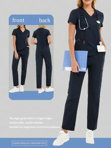 cimmuovere Uniform Set: V-Neck Short Sleeve Fitted Shirt And Drawstring Straight Leg Casual Pants, Workwear Set - Navy Blue - View 1