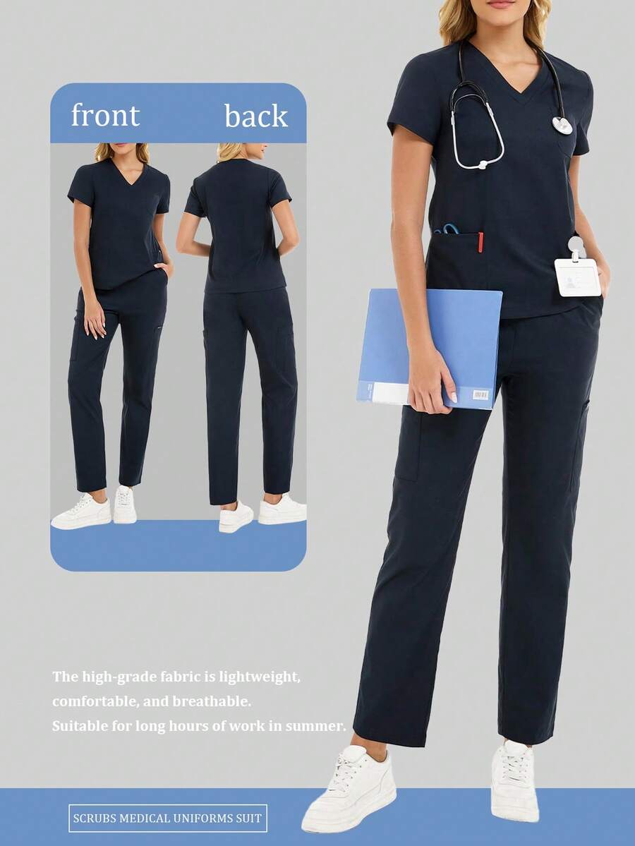 cimmuovere Uniform Set: V-Neck Short Sleeve Fitted Shirt And Drawstring Straight Leg Casual Pants, Workwear Set - Navy Blue - View 1