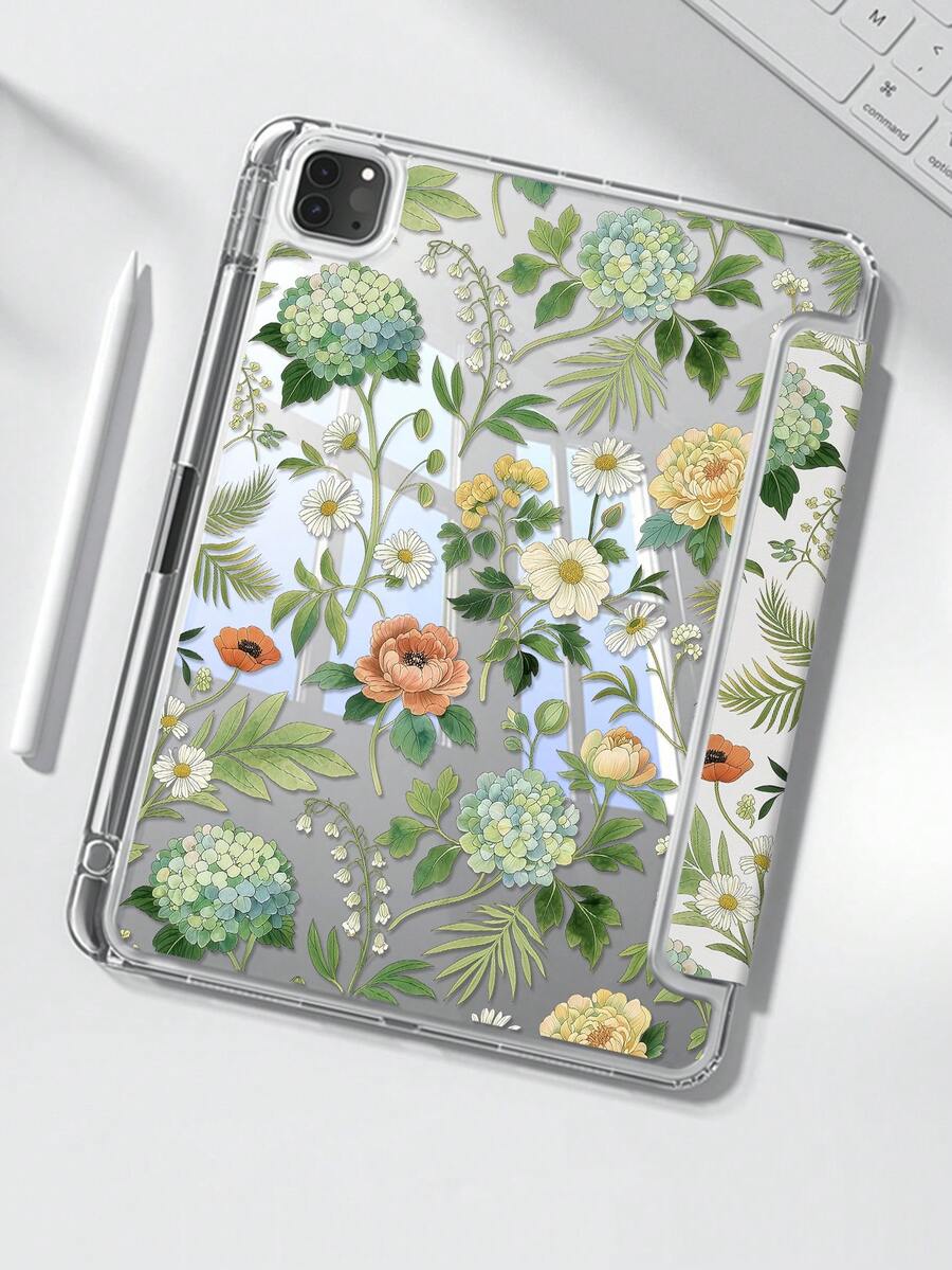 A Delicate & Cute Cartoon Anime Green Floral Pattern Double-Sided Acrylic Transparent Crystal Back Cover, Shock-Proof, Suitable For IPad 7th, 8th, 10th Gen (10.2"), Built-In Pencil Slot, Sleep/Wake Function, Ideal Christmas & New Year Gift - Multicolor - View 1