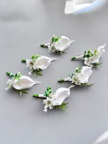 1支/6支装人造PU马蹄莲新郎胸花男士兄弟腕花毕业别针西装婚礼鲜花派对装饰 - 白色 - 查看 8