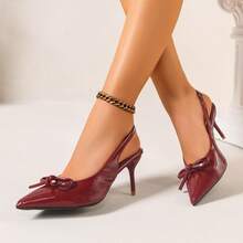 Retro Women's Pointed Toe High Heel Sandals, Bow Decor Slip-On Design, Fashionable Minimalist Daily Commute Outfit, Spring/Summer - Burgundy - View 13