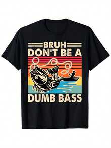 [Summer Vibes] Camiseta gráfica humorística de pesca "Bruh Don't Be A Dumb Bass" para chicos - Algodón suave y transpirable, camiseta de manga corta cómoda con diseño de peces y barcos coloridos - Regalo ideal para jóvenes, camiseta casual para jóvenes|Ropa Juguetona para Jóvenes|Camiseta de Tela Suave - Negro - Ver 1