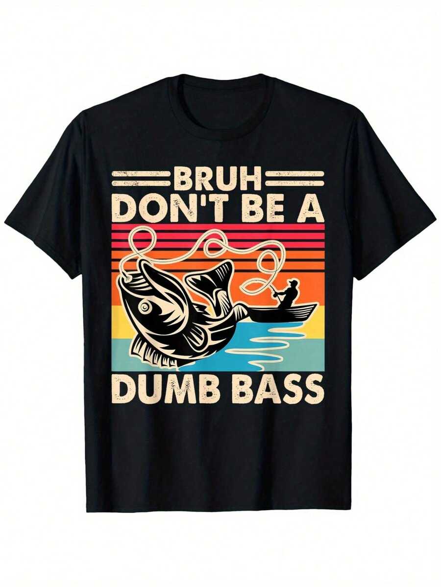 [Summer Vibes] Camiseta gráfica humorística de pesca "Bruh Don't Be A Dumb Bass" para chicos - Algodón suave y transpirable, camiseta de manga corta cómoda con diseño de peces y barcos coloridos - Regalo ideal para jóvenes, camiseta casual para jóvenes|Ropa Juguetona para Jóvenes|Camiseta de Tela Suave - Negro - Ver 1