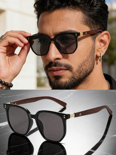 1 Pair Korean Style Brown Fashion Glasses, Retro Wooden Texture Temples, Square Frame, Suitable For Round Face, Stylish