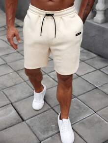 男士纯色抽绳腰休闲口袋提花短裤，宽松抽绳短裤，适合夏季户外街头穿着，男士沙滩短裤，适合作为送给丈夫或男友的礼物 - 杏色 - 查看 10