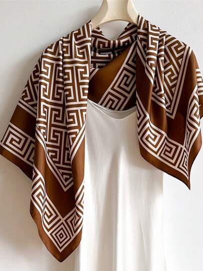 Lyxig vintage-sjal i satin med grekiskt nyckelmönster, överdimensionerad vår-/vintersjal, silkeslen unisex-halsduk, lyxig mellanösternstil/europeisk minimalistisk, mångsidig ytterplagg, vindtät, dekorativ, lämplig för affärer, fritid, pendling, högt fall, skrynkelfri, lättskött, modeaccessoar