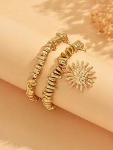 2pcs/Set Gold Minimalist Versatile Irregular CCB Beaded Sun Pendant Bracelet, Fashionable & Elegant Women Jewelry Suitable For Daily Wear And Street Photography, Handmade Chain Length Varies - Gold - View 3