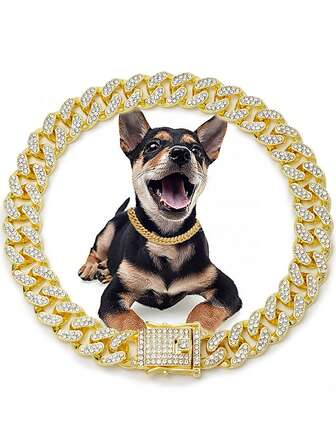 1pc Shiny Pet Necklace, Stylish Dog Collar, Small Dog Leash, Cuban Chain Inlaid With Artificial Diamonds, Pet Decorative Chain Accessory