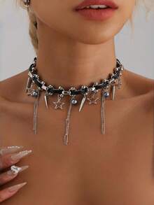 1件朋克哥特金属五芒星流苏皮绳项链 - 奢华女士魅力饰品，适合日常和派对佩戴