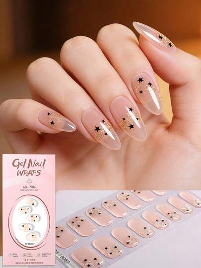 16 piezas de pegatinas de uñas de gel semi-curado, elegantes pegatinas de uñas con brillo degradado de luna estrellada para otoño/invierno, crea uñas exquisitas, calidad de salón, suministros de arte de uñas de moda adecuados para que las mujeres y las niñas los usen en vacaciones, en casa y en citas.