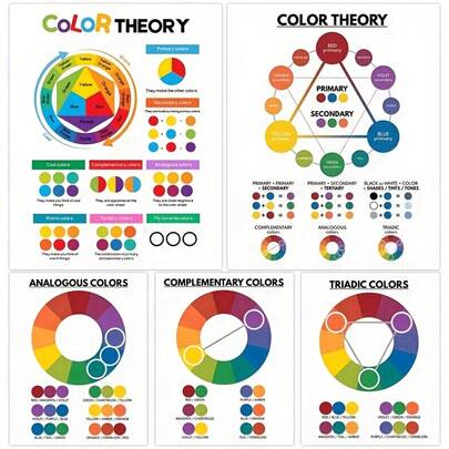 5 piezas de Materiales de Fundamentos de Teoría del Color, 8x10 pulgadas sin marco [2D/PLANO], adecuado para educación en el hogar y maestros de escuela, estudiantes principiantes de arte y diseño, gran regalo
