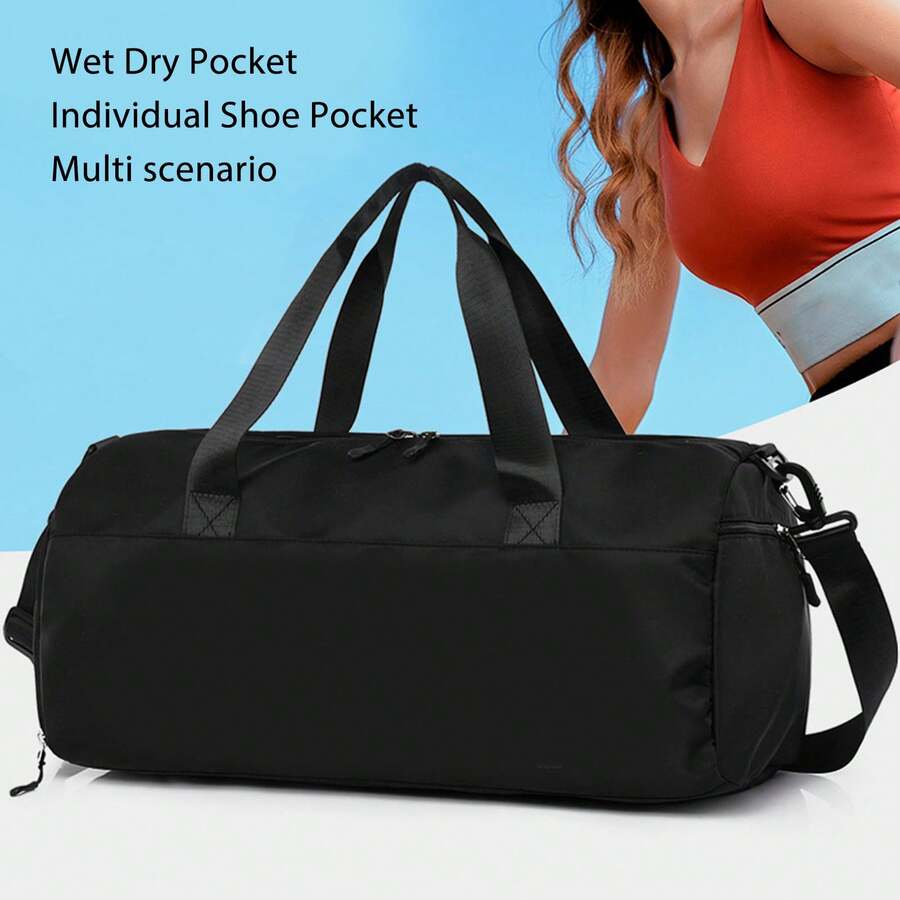 Large Capacity Gym Sports Bag 2026 With Wet & Dry Compartment, Shoe Pocket, Water Resistant Design, Sequin Lettering, Perfect For Yoga & Travel - Black