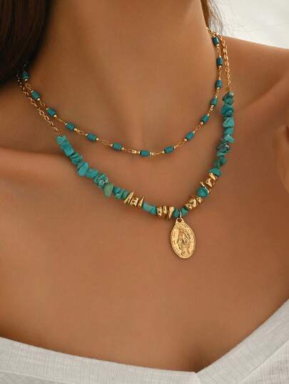 2 st/set unikt asymmetriskt turkos pärlhalsband, guldlegering hänge halsband, moderiktiga smycken för kvinnor, lämpliga för vardagsbruk, fester, musikfestivaler. Kedjelängd justerbar