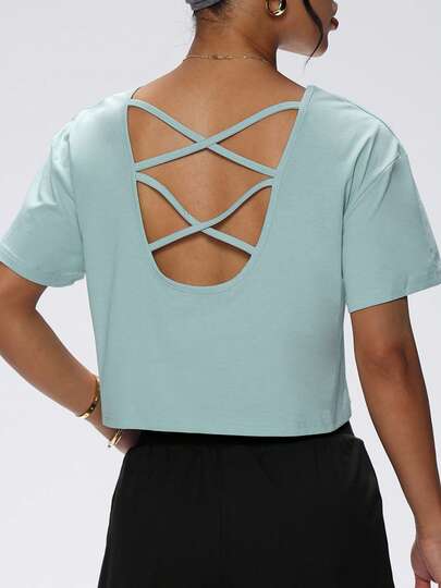 1pc Women's Loose Crosstie Back Short T-Shirt, Suitable For Gym, Running, Outdoor, Casual, Commuting In Spring/Summer