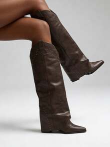 Women's Rivet Knee High Boots Solid Color Pointed Toe Wedge Shoes Fall And Winter Outdoor Shoes - Brown - View 1