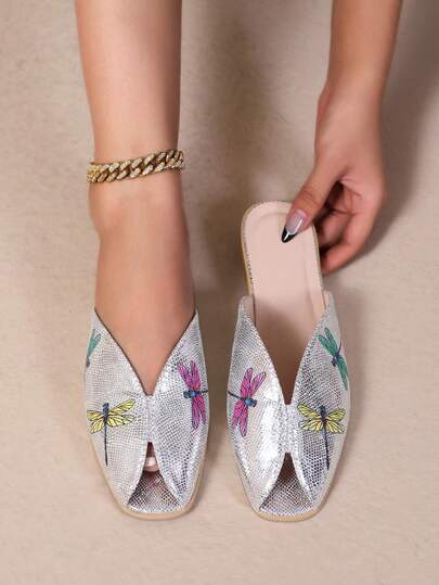 女士蜻蜓昆虫图案平底凉鞋，适合海滩、居家、户外活动、音乐节、夏季穿着