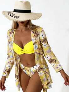Women's Kimono Beach Cover-Up Set + Floral Bikini - Yellow - View 2