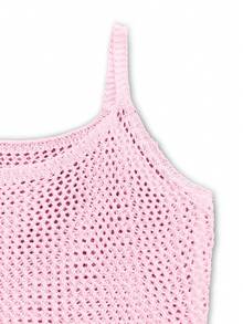 Women's Casual Hollow Out Sleeveless Knit Tank Dress For Beach Vacation, Summer Crochet Hollow Knit Beach Dress, Women's Vacation Bohemian V-Neck Cover Up Dress, Spring/Summer/Autumn - Baby Pink - View 9