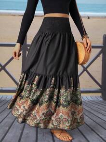 女士波西米亚风高腰褶皱印花喇叭形多层长裙，丝滑无弹力涤纶面料，优雅休闲，适合度假、海滩等场合，黑色 - 黑色 - 查看 3