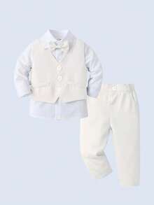 BOARNSEORL 男婴绅士套装三件套 - 白色衬衫配领结、马甲和裤子，适合生日派对、婚礼、节日、洗礼等场合。 - 白色 - 查看 3