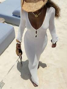 女士纯色V领性感沙滩镂空透视长袖针织连衣裙，春夏度假白色 - 白色 - 查看 3