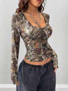 Women's Elegant Solid Color V-Neck Long Sleeve Blouse With Pleated Detail - Fashion Top For Spring&Fall - 藍色 - 查看 2