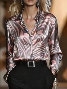 Women's Elegant Solid Color V-Neck Long Sleeve Blouse With Pleated Detail - Fashion Top For Spring&Fall - 摩卡棕 - 查看 3