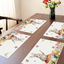 Bộ 1/4 tấm lót bàn ăn bằng vải lanh in họa tiết kẻ caro kiểu Buffalo, chủ đề trứng Phục Sinh mùa xuân/hè, hình thỏ hoạt hình, hoa và bướm, có thể giặt máy, làm bằng polyester, thích hợp cho nhà bếp, phòng ăn, trang trí nhà cửa, trang trí bàn làm việc, trang trí tiệc tùng, là món quà lý tưởng. - Nhiều màu - Xem 8