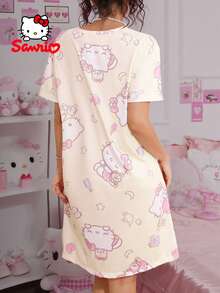 SANRIO 1件女士黄白圆领睡裙，家居服，睡衣，睡袍 - 黃色 - 查看 3
