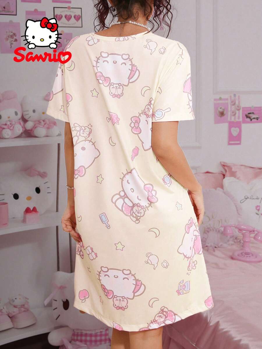 1 chiếc váy ngủ cổ tròn màu vàng trắng dành cho nữ, đồ mặc nhà, đồ ngủ kiểu pajama. - Màu vàng - Xem 1