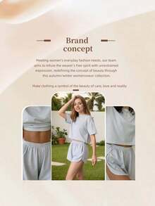 2-Piece Women's Summer New Knitted Round Neck Long-Sleeved Shorts Striped Breathable Pajamas Set - Màu Xám nhạt - Xem 7