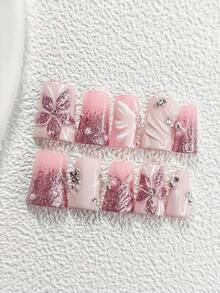 10件套粉色奢华亚克力美甲套装，闪亮玫瑰，手工花朵装饰，蝴蝶美甲，精细闪粉凝胶，包含美甲工具（1个果冻贴+1个指甲锉），3种尺寸可选：杏仁形、鸭嘴形、棺材形，适合通勤、派对、日常佩戴、节日美甲。 - 彩色 - 查看 17