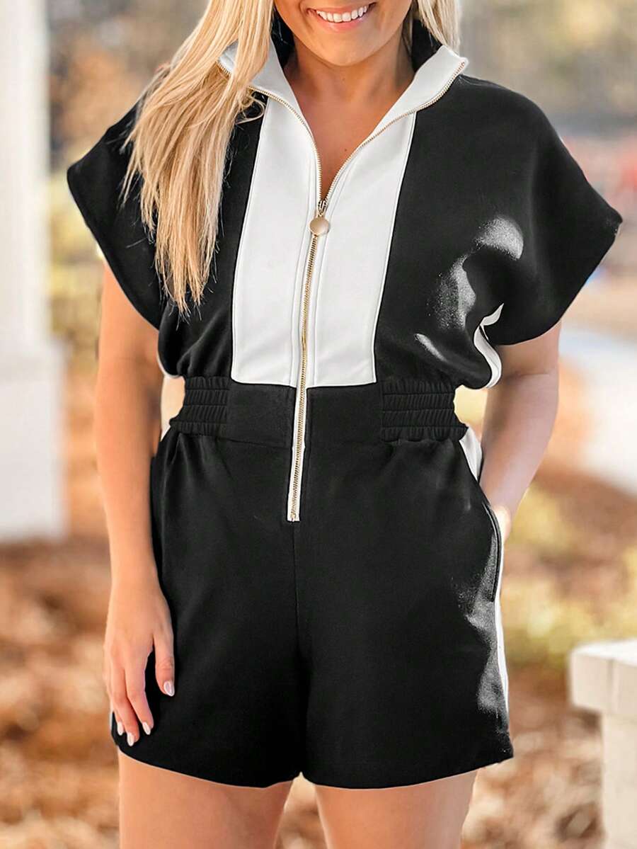 Acelitt Black Contrast Collar Zipper Romper - Black - View 1